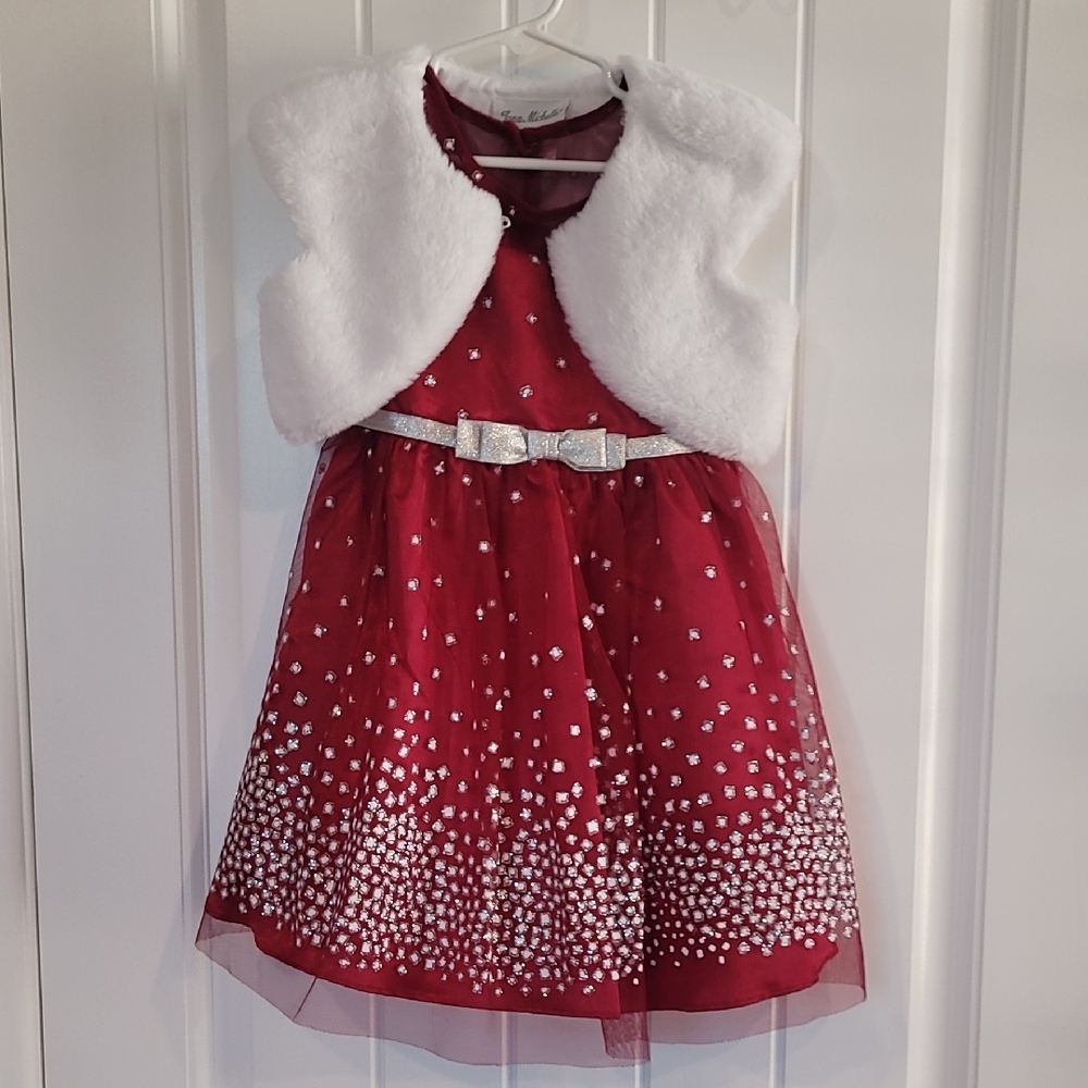 Red Dress with White Fur Vest